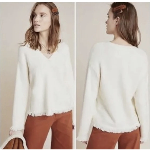 Anthropologie Ivory Joy Fringed Sweater Size Medium Petite - Picture 1 of 12